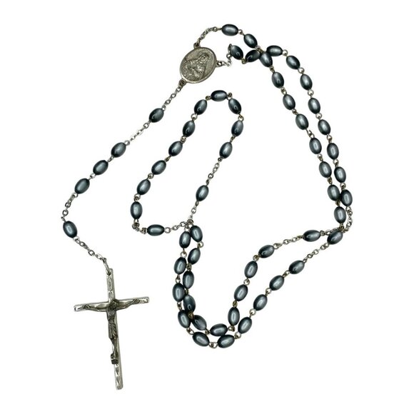 Italian Catholic Rosary Gray Beads Sacred Heart of Jesus Medallion Vintage 24" - Picture 1 of 12